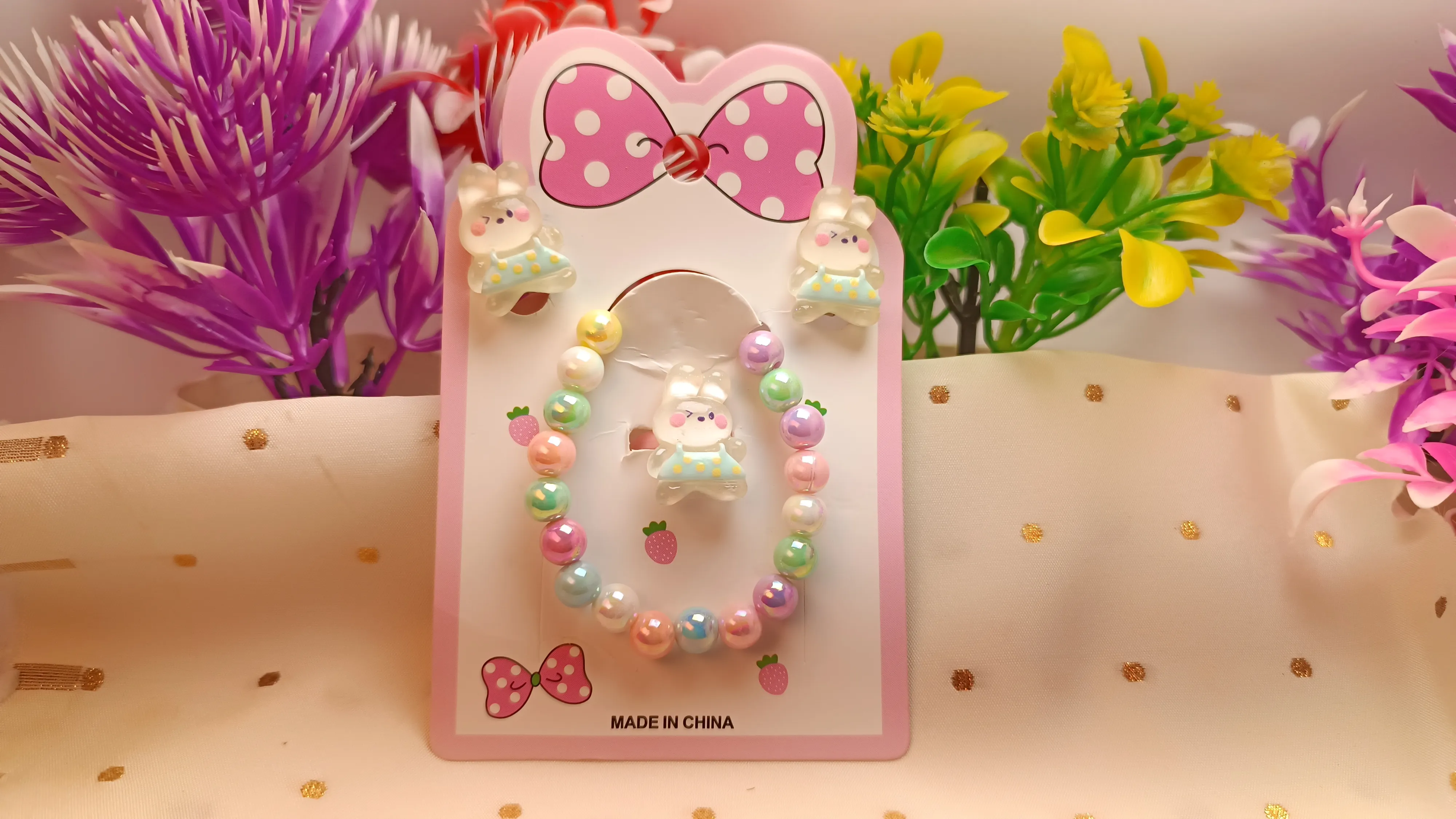 Kids' 4-Piece Pastel Jewelry Set – Includes Stretch Bracelet, Adjustable Ring, and Clip-On Earrings